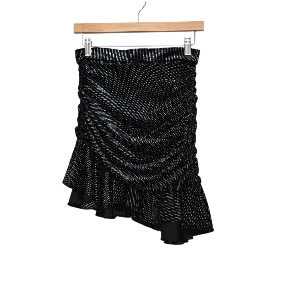 Zara Womens Black Silver Metallic Ruched Asymmetrical Ruffle Mini Skirt Small